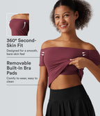 Off Shoulder Short Sleeve Built-in Bra Dance Sports Top B-DD Cups — Deep Wine — view 1