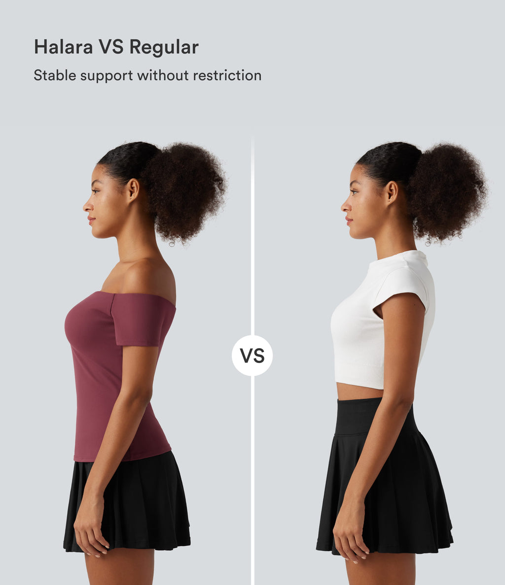 Off Shoulder Short Sleeve Built-in Bra Dance Sports Top B-DD Cups — Deep Wine — view 6