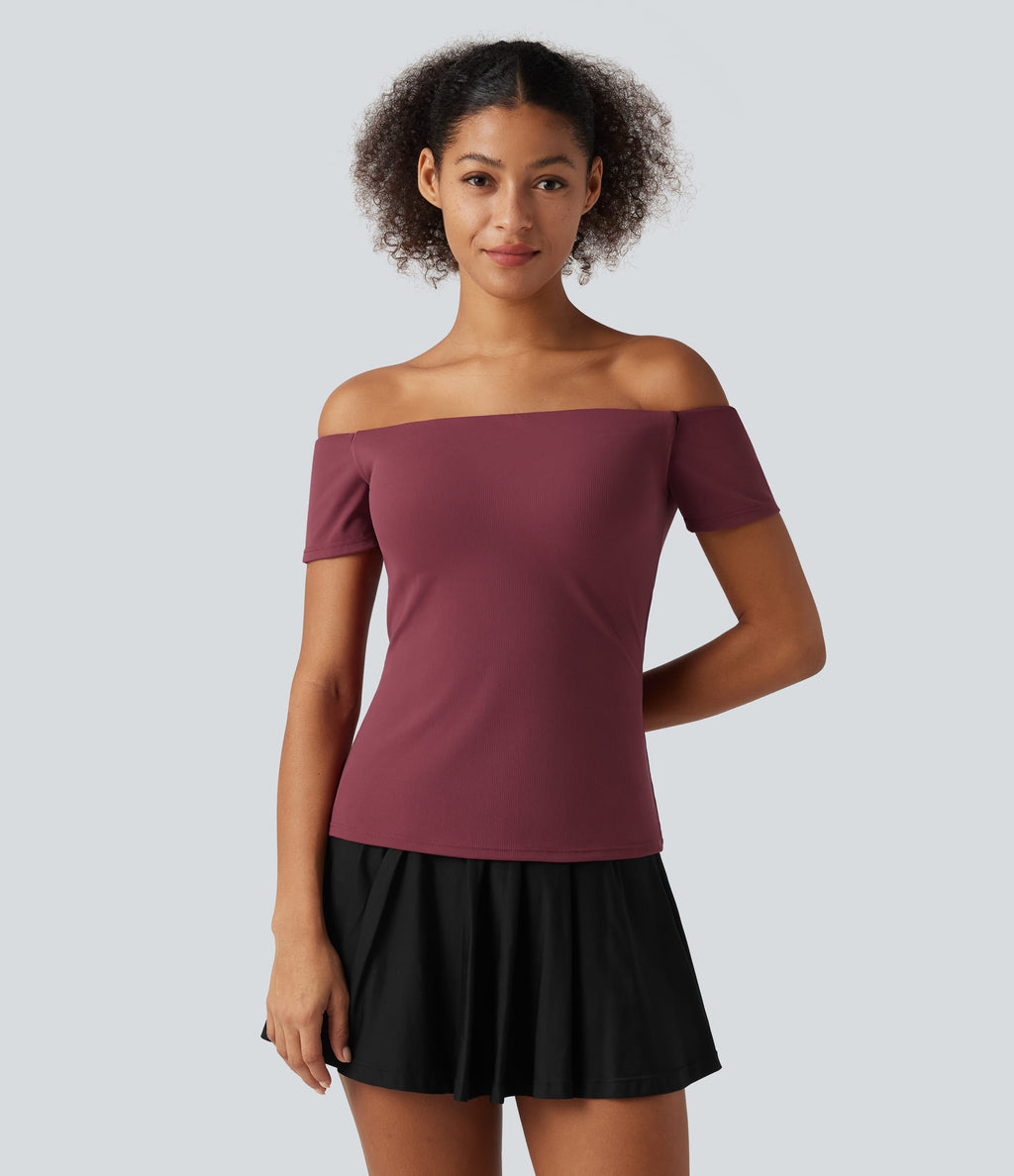 Off Shoulder Short Sleeve Built-in Bra Dance Sports Top B-DD Cups — Deep Wine — view 3