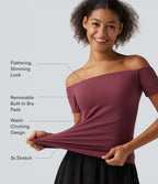 Off Shoulder Short Sleeve Built-in Bra Dance Sports Top B-DD Cups — Deep Wine — view 2