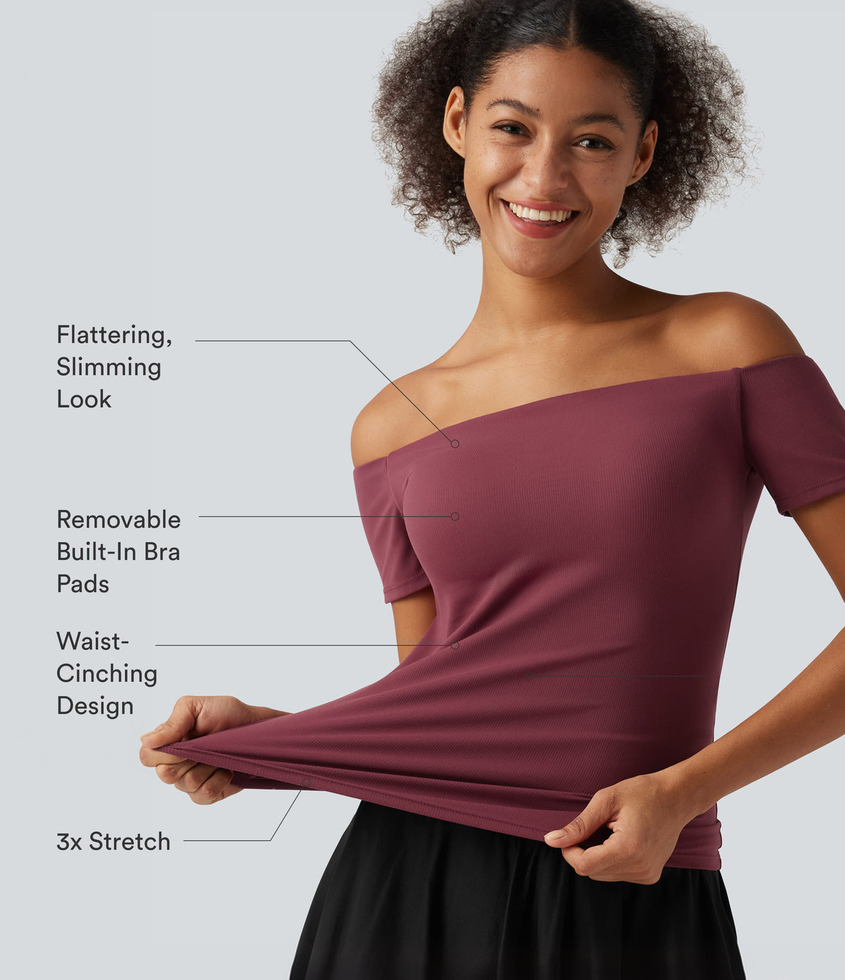 Off Shoulder Short Sleeve Built-in Bra Dance Sports Top B-DD Cups — Deep Wine — view 2