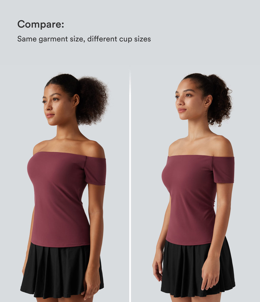 Off Shoulder Short Sleeve Built-in Bra Dance Sports Top B-DD Cups — Deep Wine — view 5