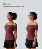Off Shoulder Short Sleeve Built-in Bra Dance Sports Top B-DD Cups — Deep Wine — view 5