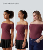 Off Shoulder Short Sleeve Built-in Bra Dance Sports Top B-DD Cups — Deep Wine — view 4