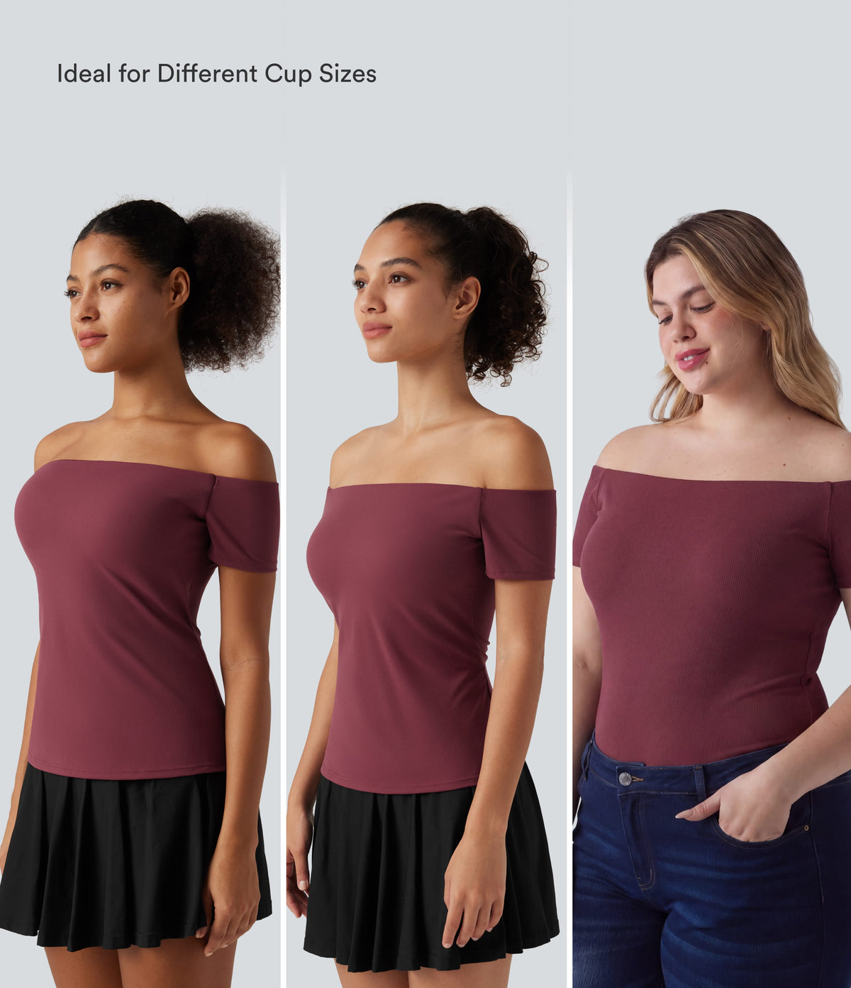 Off Shoulder Short Sleeve Built-in Bra Dance Sports Top B-DD Cups — Deep Wine — view 4