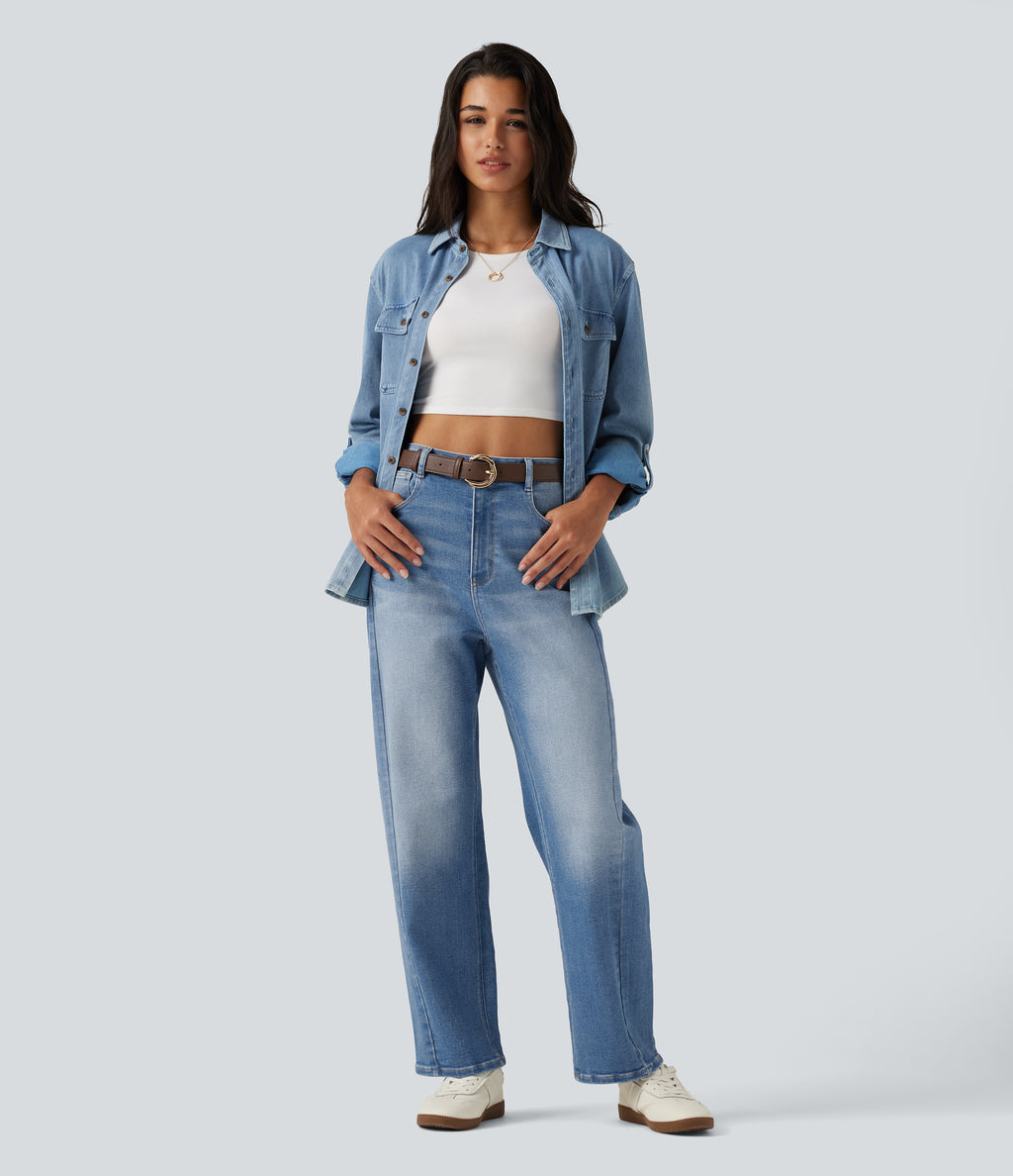 High Waisted Barrel Leg Casual Jeans with Pockets — Blue Jasper Denim — view 7