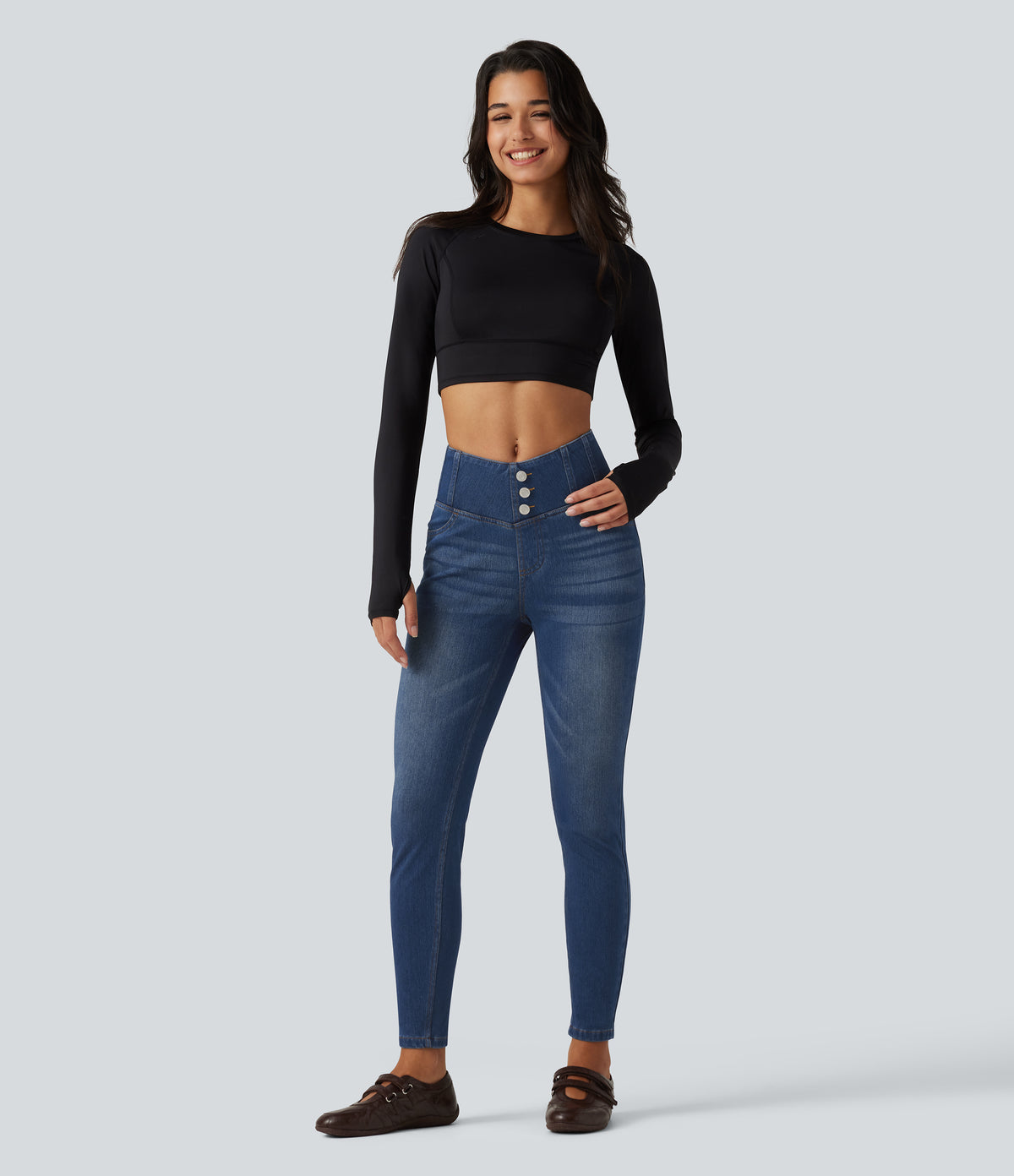 High Waisted Skinny Casual Jeans with Pockets — Estate Blue Denim — view 7