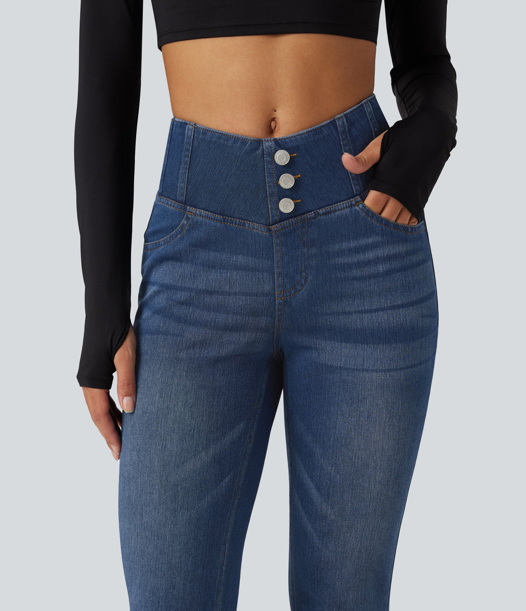 High Waisted Skinny Casual Jeans with Pockets — Estate Blue Denim — view 4
