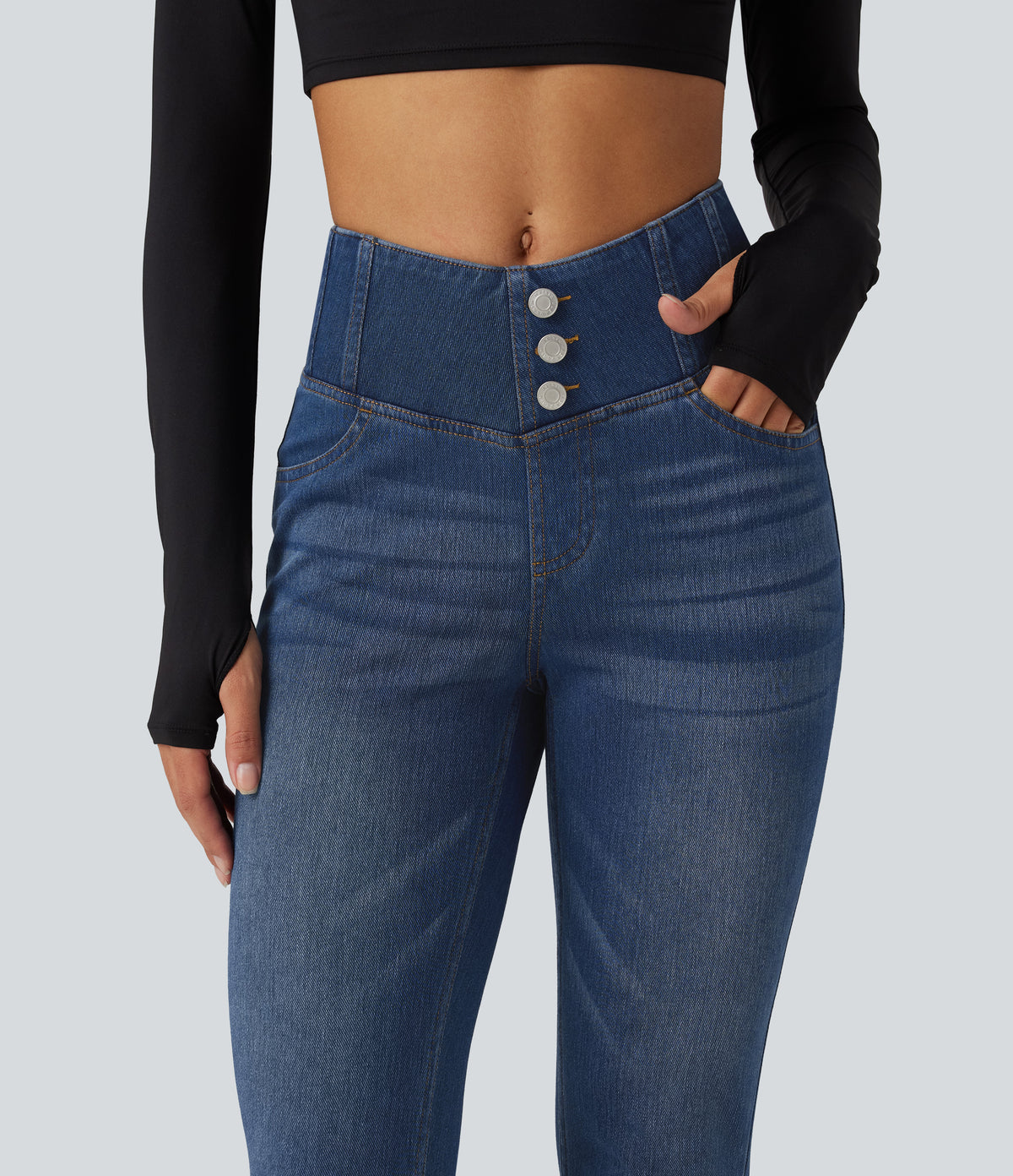 High Waisted Skinny Casual Jeans with Pockets — Estate Blue Denim — view 4