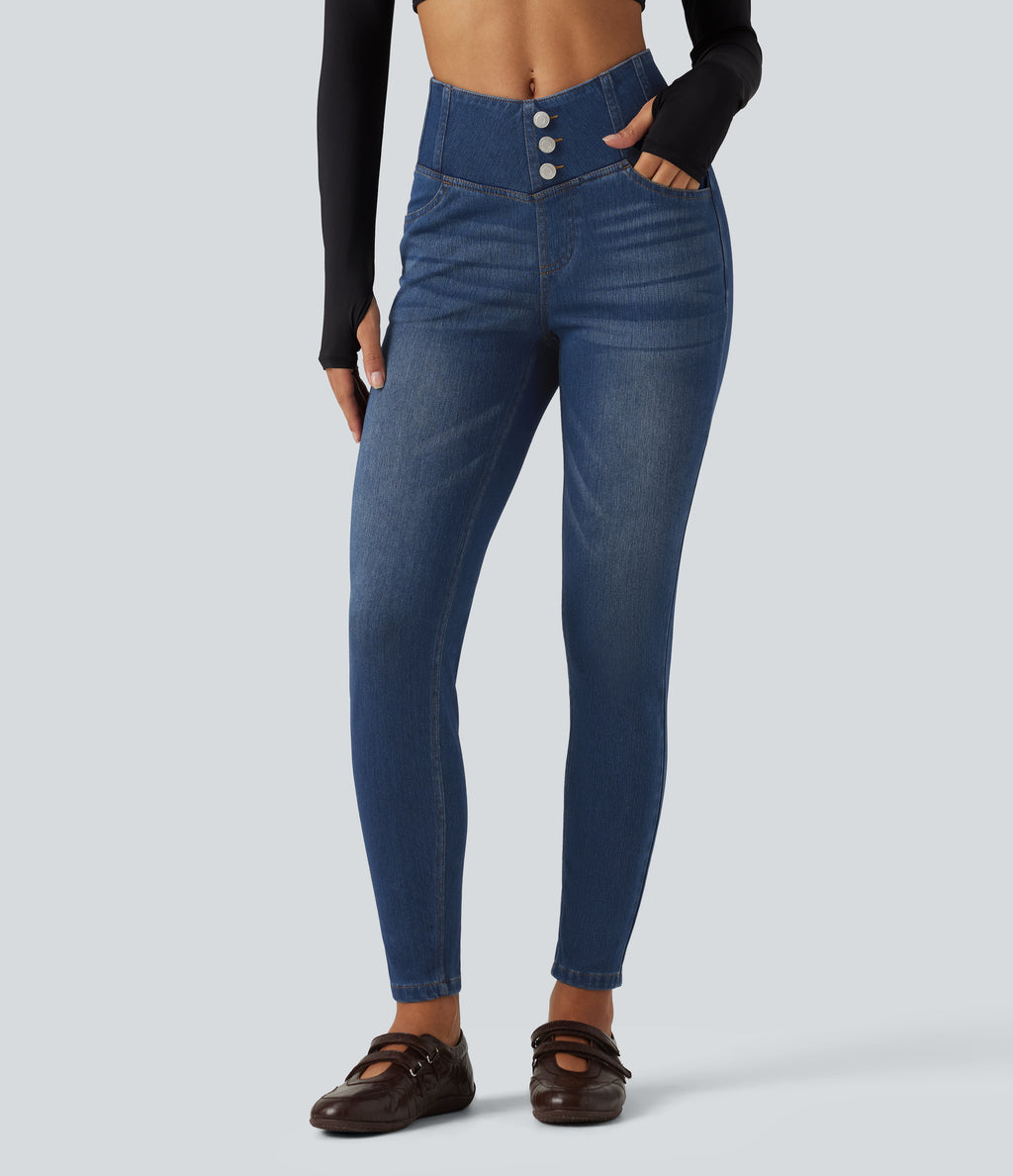 High Waisted Skinny Casual Jeans with Pockets — Estate Blue Denim — view 1