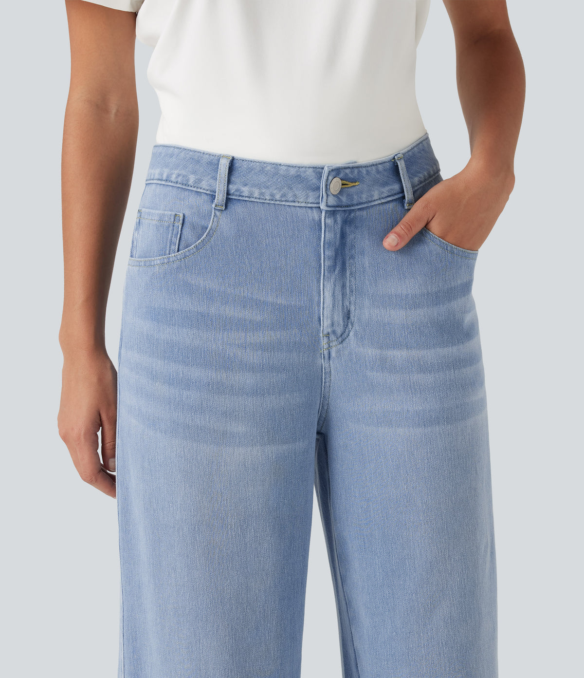 Mid Rise Wide Leg Casual Jeans with Pockets — Malibu Blue Denim — view 4