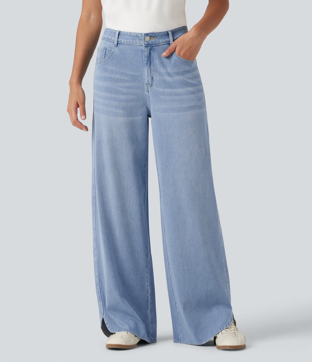 Mid Rise Wide Leg Casual Jeans with Pockets — Malibu Blue Denim — view 1