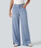 Mid Rise Wide Leg Casual Jeans with Pockets — Malibu Blue Denim — view 1