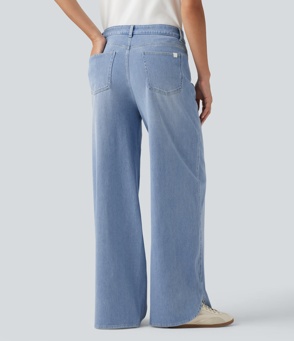 Mid Rise Wide Leg Casual Jeans with Pockets — Malibu Blue Denim — view 2