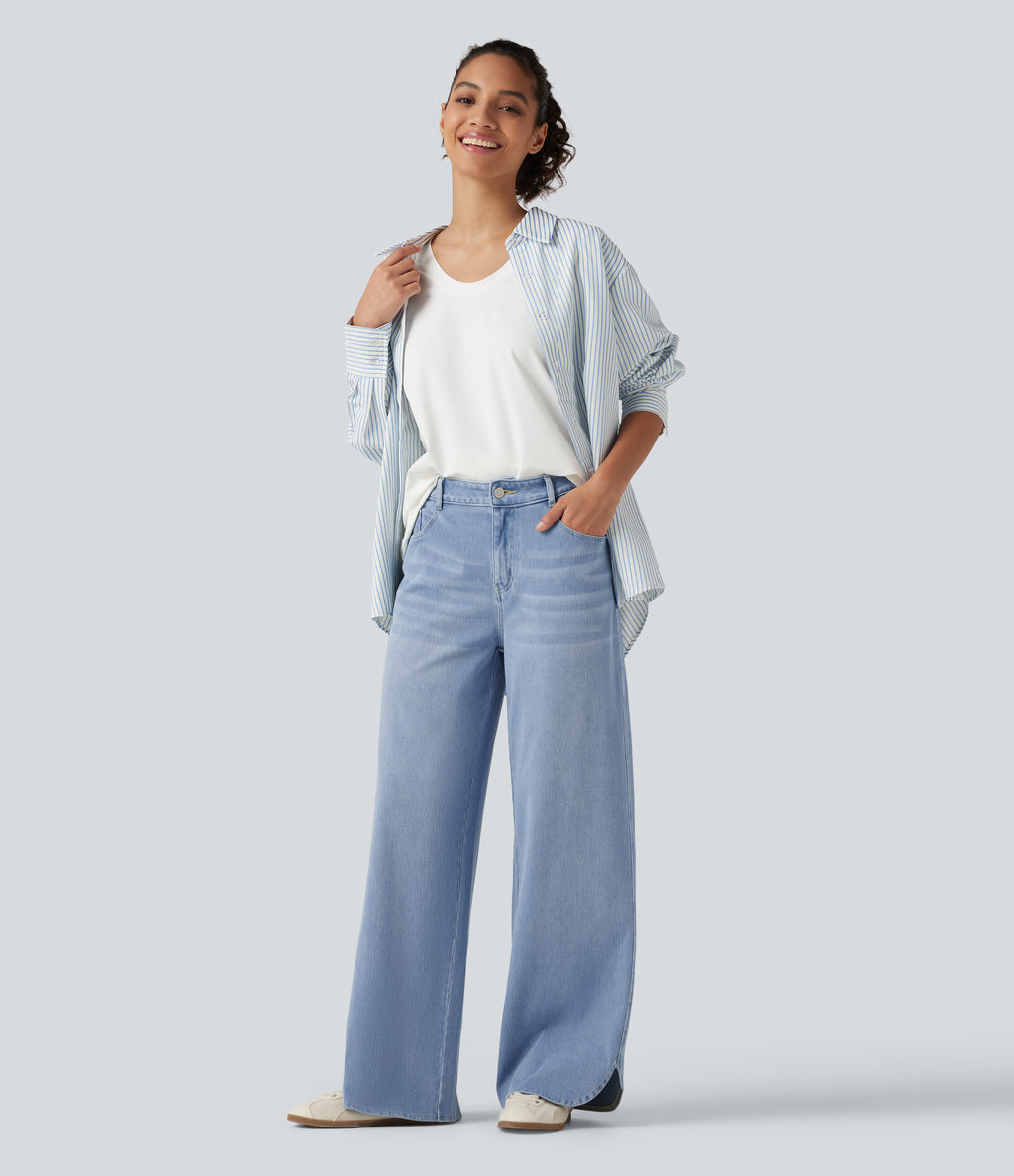 Mid Rise Wide Leg Casual Jeans with Pockets — Malibu Blue Denim — view 8