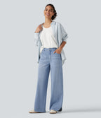 Mid Rise Wide Leg Casual Jeans with Pockets — Malibu Blue Denim — view 8