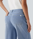 Mid Rise Wide Leg Casual Jeans with Pockets — Malibu Blue Denim — view 5