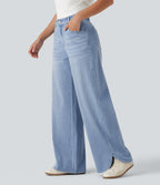 Mid Rise Wide Leg Casual Jeans with Pockets — Malibu Blue Denim — view 3