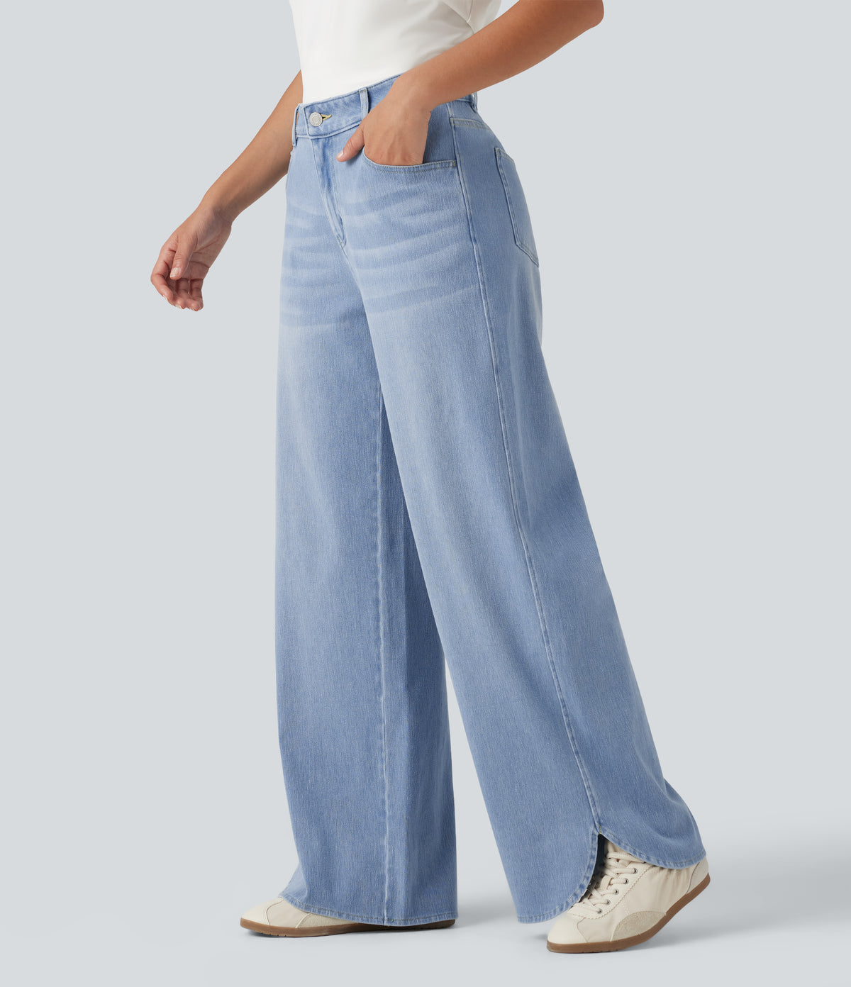 Mid Rise Wide Leg Casual Jeans with Pockets — Malibu Blue Denim — view 3