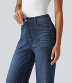 High Waisted Flare Jeans with Pockets — Estate Blue Denim — view 6