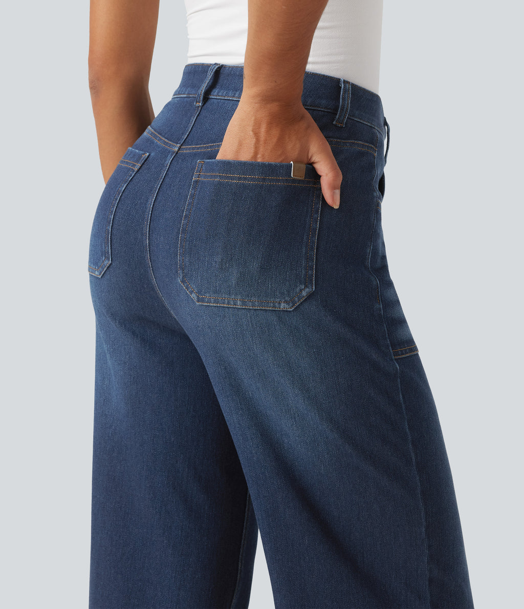 High Waisted Flare Jeans with Pockets — Estate Blue Denim — view 5