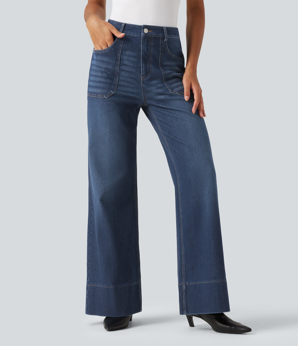 High Waisted Flare Jeans with Pockets — Estate Blue Denim — view 1