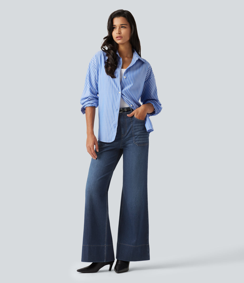 High Waisted Flare Jeans with Pockets — Estate Blue Denim — view 8