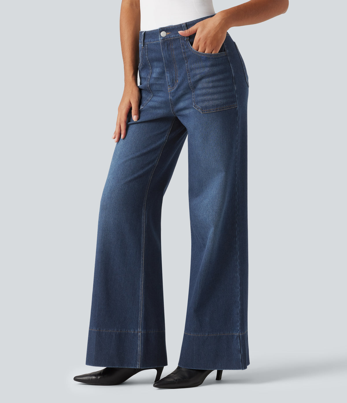 High Waisted Flare Jeans with Pockets — Estate Blue Denim — view 3