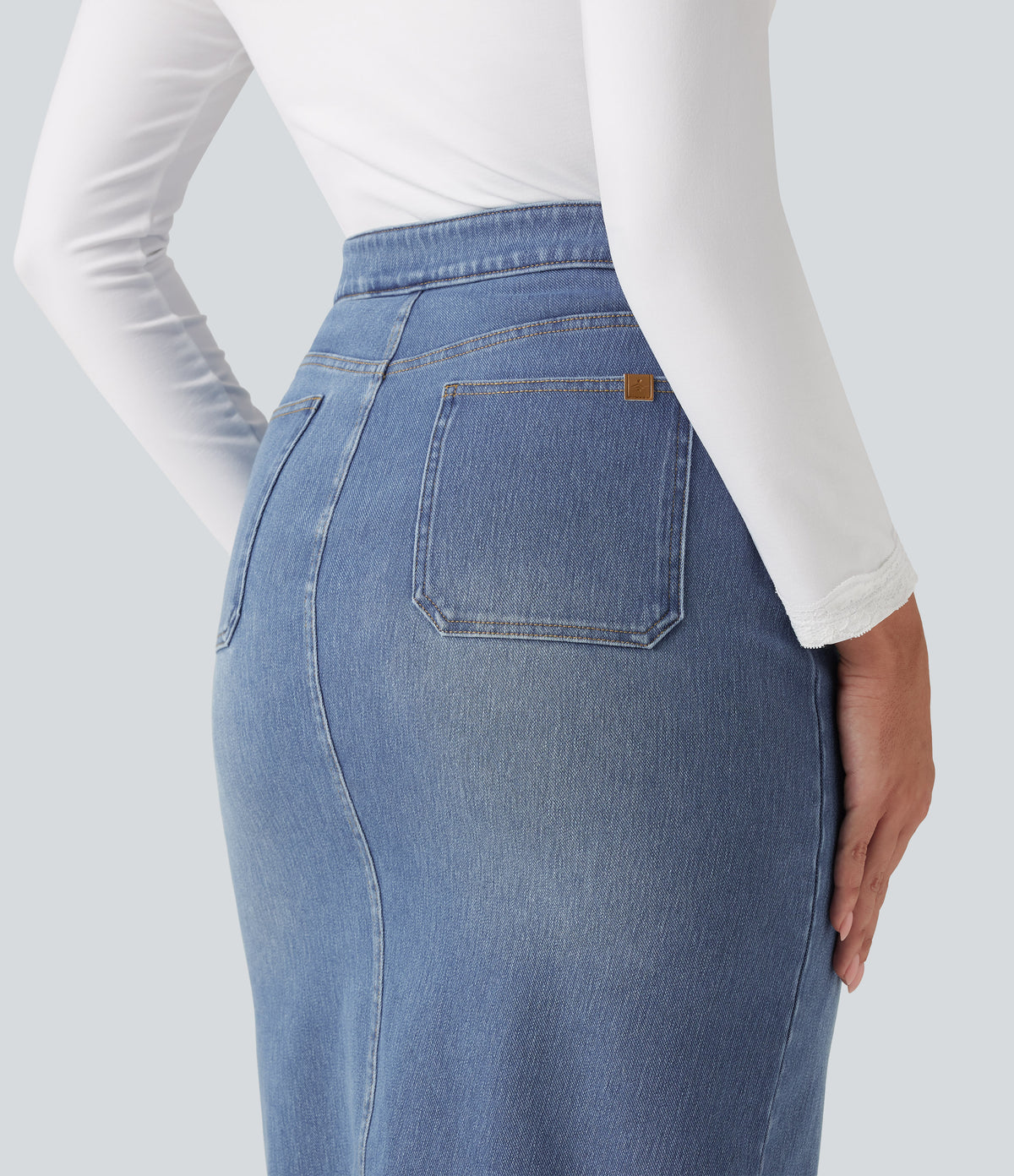 High Waisted Denim Bodycorn Midi Casual Skirt with Pockets — Blue Jasper Denim — view 5