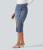 High Waisted Denim Bodycorn Midi Casual Skirt with Pockets — Blue Jasper Denim — view 3