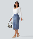 High Waisted Denim Bodycorn Midi Casual Skirt with Pockets — Blue Jasper Denim — view 7