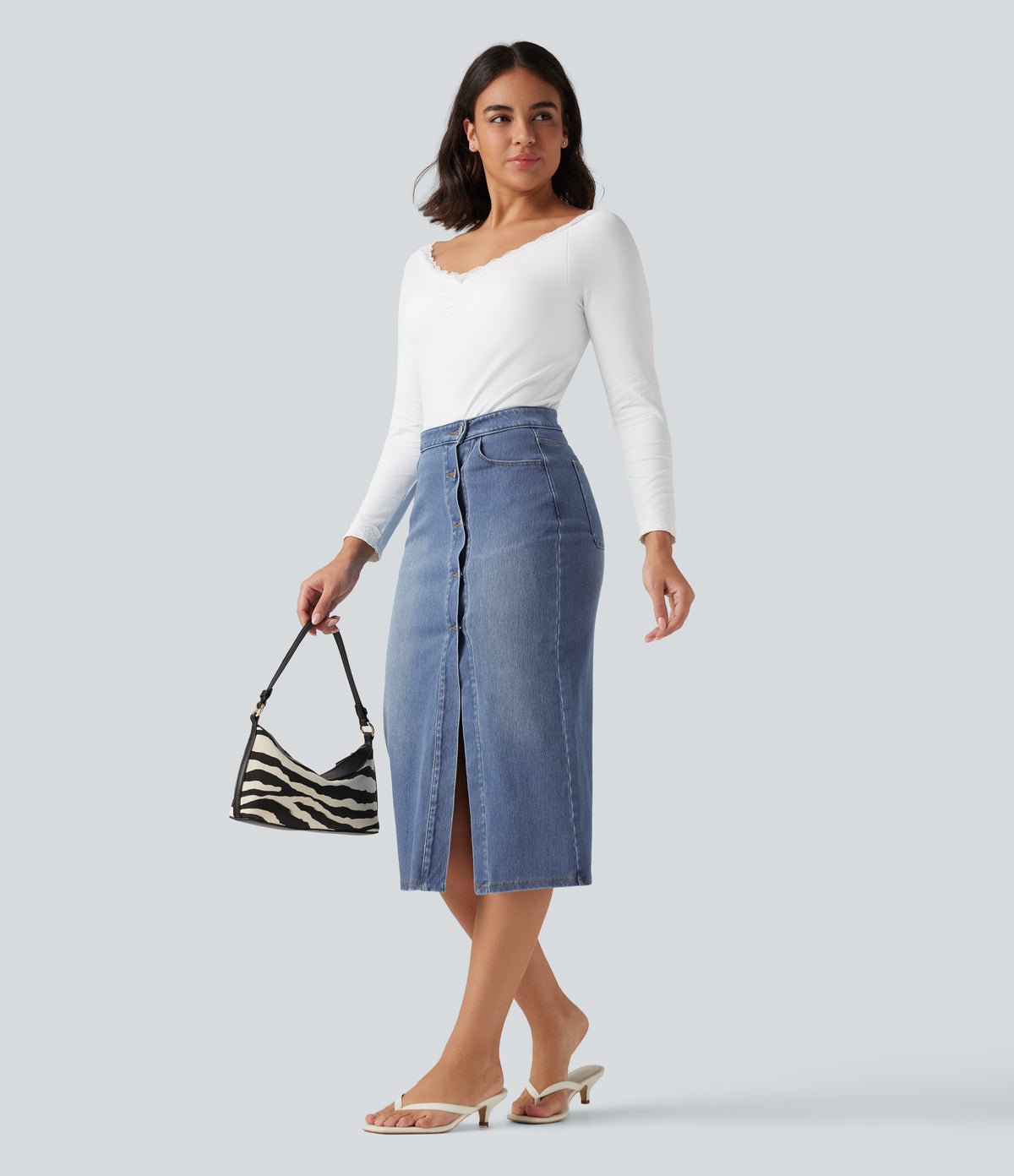 High Waisted Denim Bodycorn Midi Casual Skirt with Pockets — Blue Jasper Denim — view 7