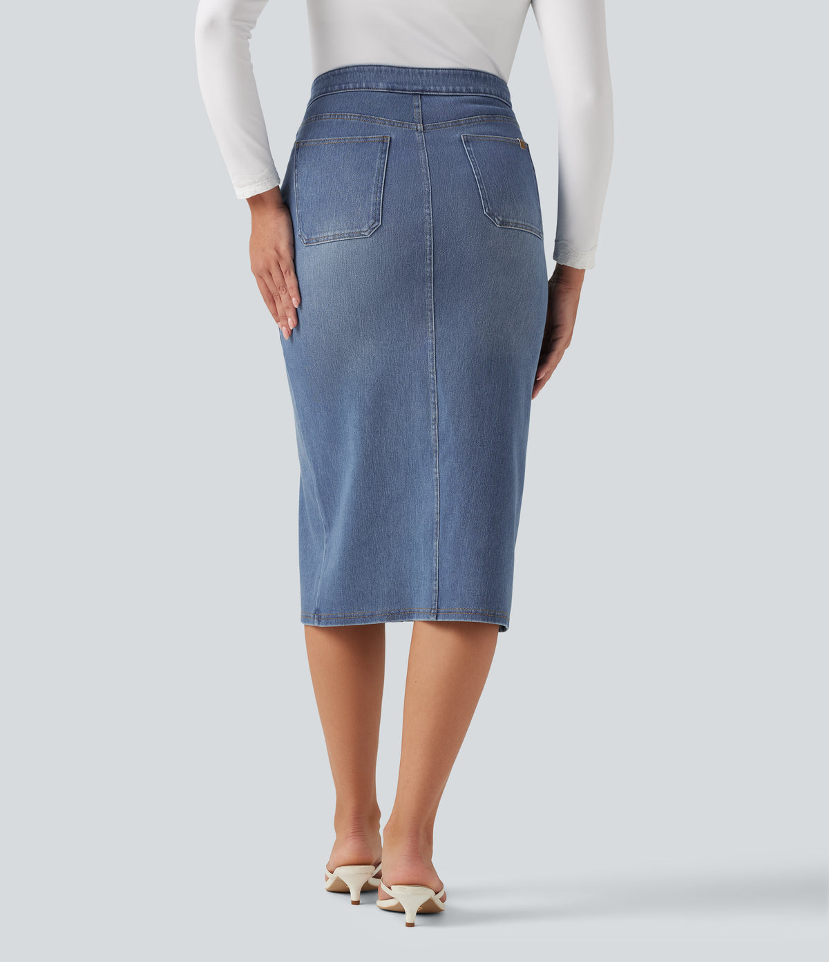 High Waisted Denim Bodycorn Midi Casual Skirt with Pockets — Blue Jasper Denim — view 2