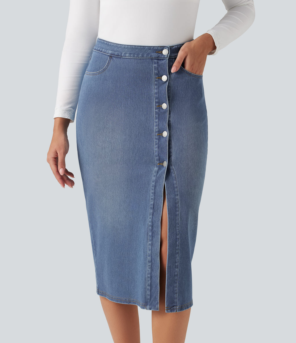 High Waisted Denim Bodycorn Midi Casual Skirt with Pockets — Blue Jasper Denim — view 4