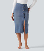 High Waisted Denim Bodycorn Midi Casual Skirt with Pockets — Blue Jasper Denim — view 1