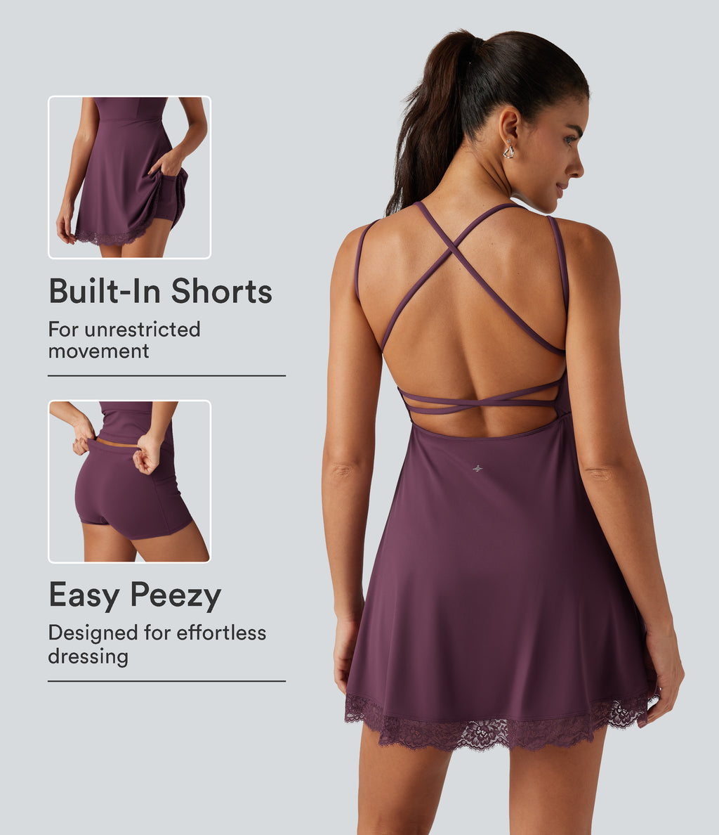 Airy V Neck 2-in-1 Built-in Bra Contrast Lace InstantCool Mini Dance Dress with Pockets-Edition — Fig — view 1