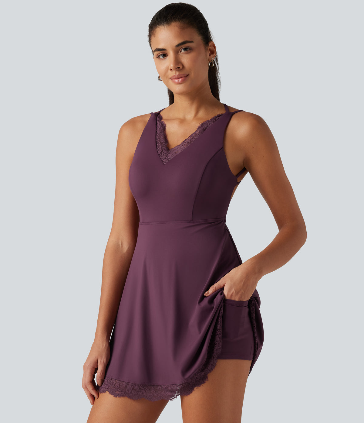 Airy V Neck 2-in-1 Built-in Bra Contrast Lace InstantCool Mini Dance Dress with Pockets-Edition — Fig — view 5