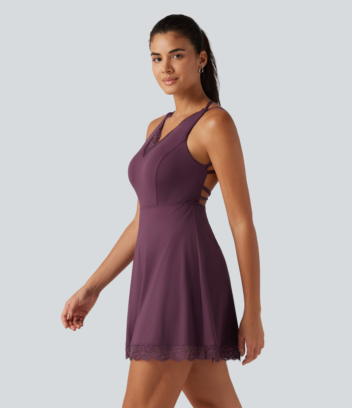 Airy V Neck 2-in-1 Built-in Bra Contrast Lace InstantCool Mini Dance Dress with Pockets-Edition — Fig — view 3