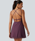 Airy V Neck 2-in-1 Built-in Bra Contrast Lace InstantCool Mini Dance Dress with Pockets-Edition — Fig — view 4