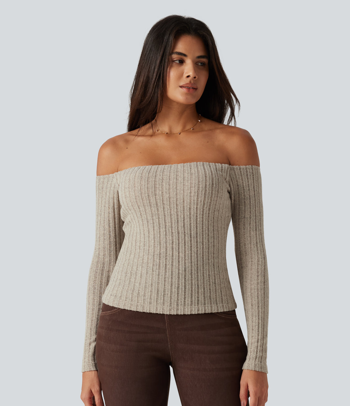 Ribbed Knit Off Shoulder Long Sleeve Built-in Bra Casual Top — Ridge Sand Khaki — view 4