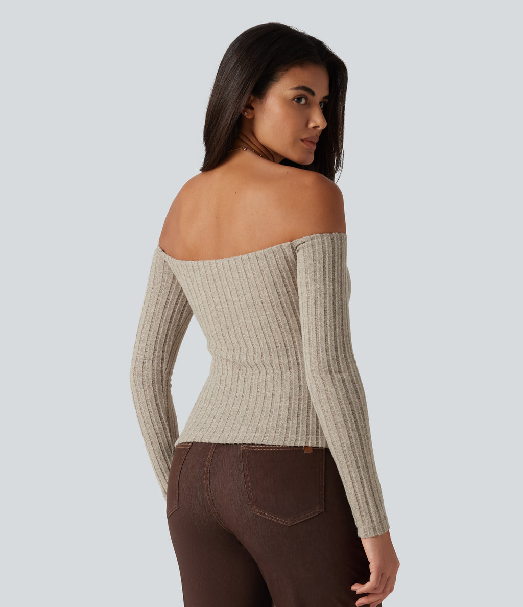 Ribbed Knit Off Shoulder Long Sleeve Built-in Bra Casual Top — Ridge Sand Khaki — view 2