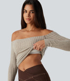 Ribbed Knit Off Shoulder Long Sleeve Built-in Bra Casual Top — Ridge Sand Khaki — view 1
