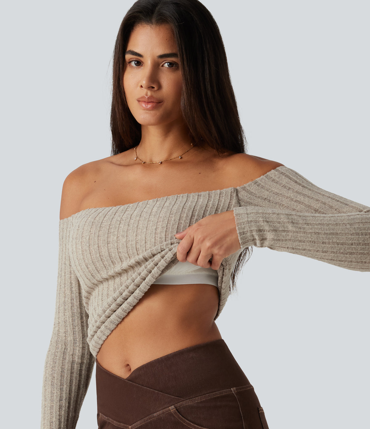 Ribbed Knit Off Shoulder Long Sleeve Built-in Bra Casual Top — Ridge Sand Khaki — view 1