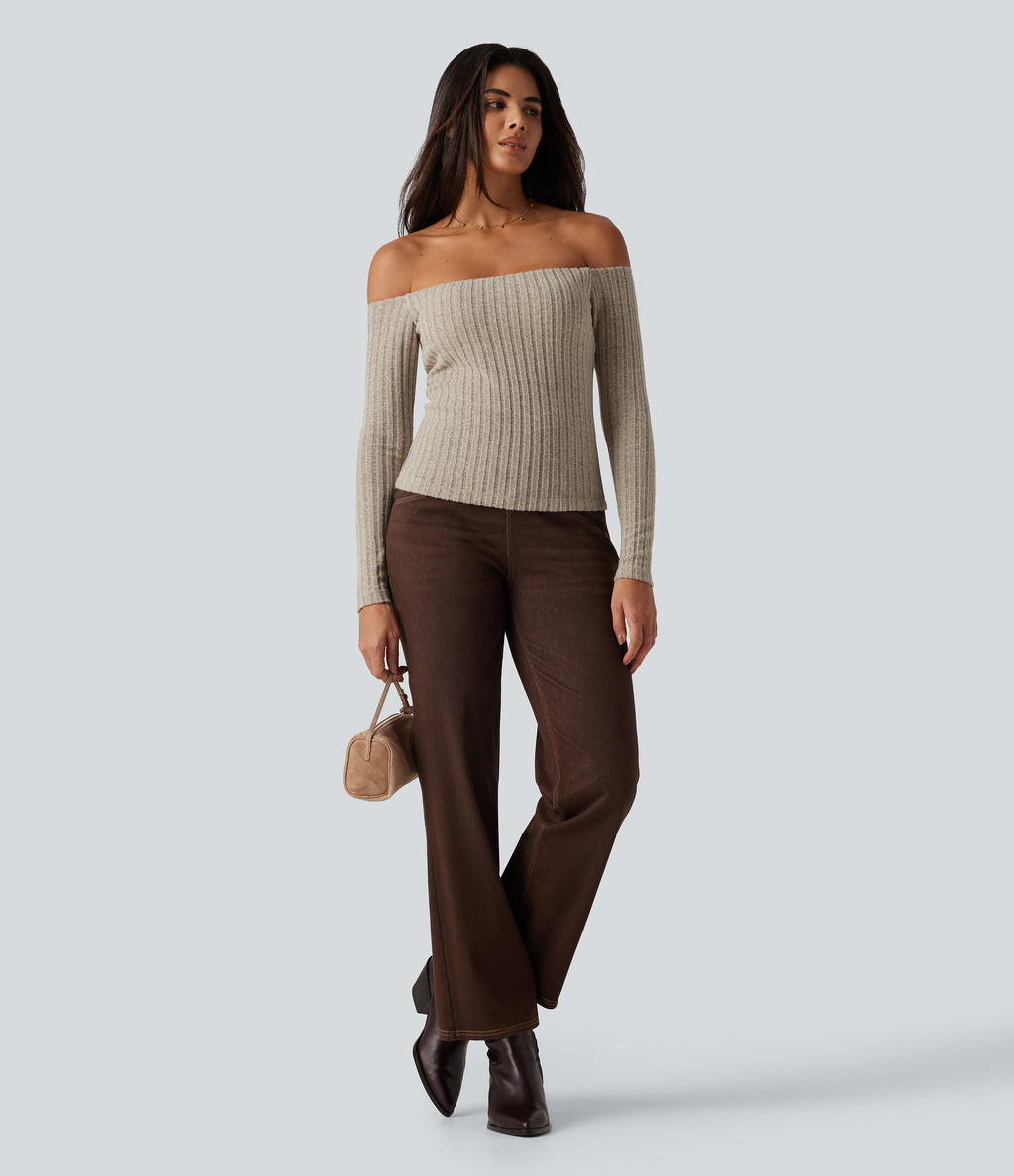 Ribbed Knit Off Shoulder Long Sleeve Built-in Bra Casual Top — Ridge Sand Khaki — view 7