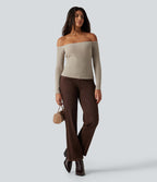 Ribbed Knit Off Shoulder Long Sleeve Built-in Bra Casual Top — Ridge Sand Khaki — view 7