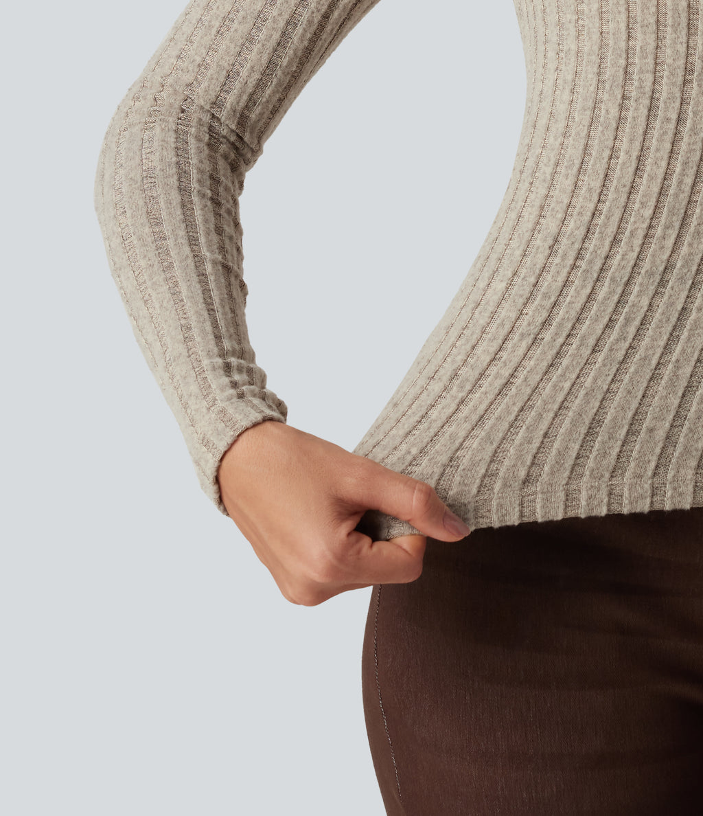 Ribbed Knit Off Shoulder Long Sleeve Built-in Bra Casual Top — Ridge Sand Khaki — view 6