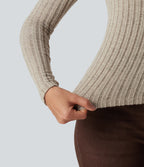 Ribbed Knit Off Shoulder Long Sleeve Built-in Bra Casual Top — Ridge Sand Khaki — view 6