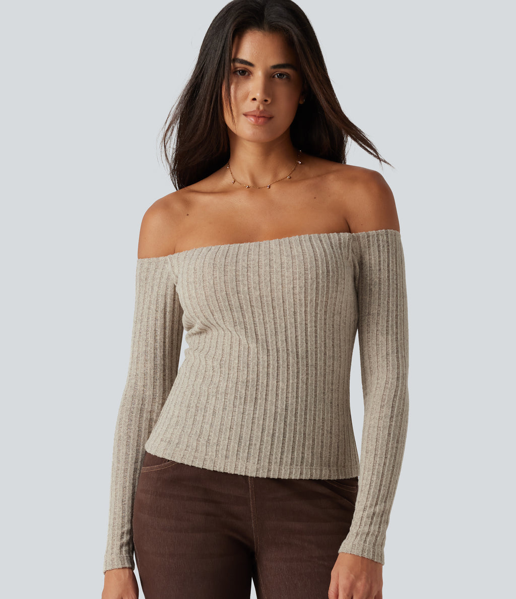 Ribbed Knit Off Shoulder Long Sleeve Built-in Bra Casual Top — Ridge Sand Khaki — view 5