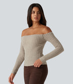 Ribbed Knit Off Shoulder Long Sleeve Built-in Bra Casual Top — Ridge Sand Khaki — view 3