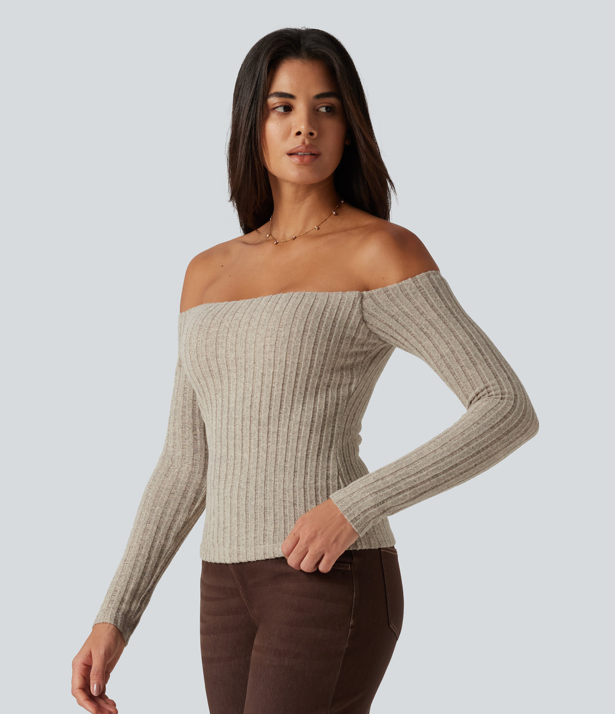 Ribbed Knit Off Shoulder Long Sleeve Built-in Bra Casual Top — Ridge Sand Khaki — view 3
